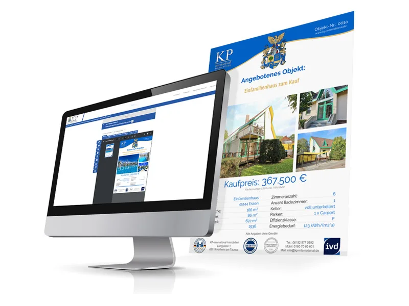 Property overview with favourites list, search and exposé download on the agent's website